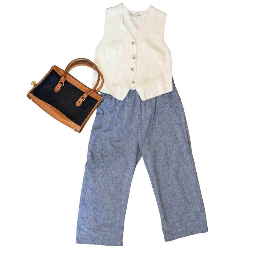 Hester & Orchard Linen Blend Blue High Rise Cropped Wide Leg Pull On Pants Sz L